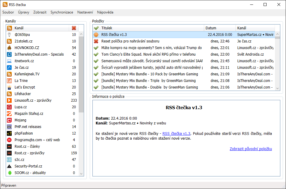 Screenshot rozhraní RSS čtečky