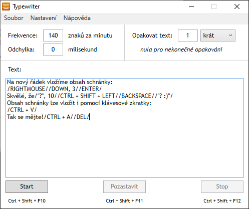 Screenshot rozhraní programu Typewriter