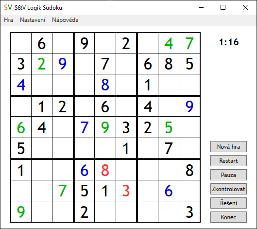 Screenshot rozhraní hry S&V Logik Sudoku