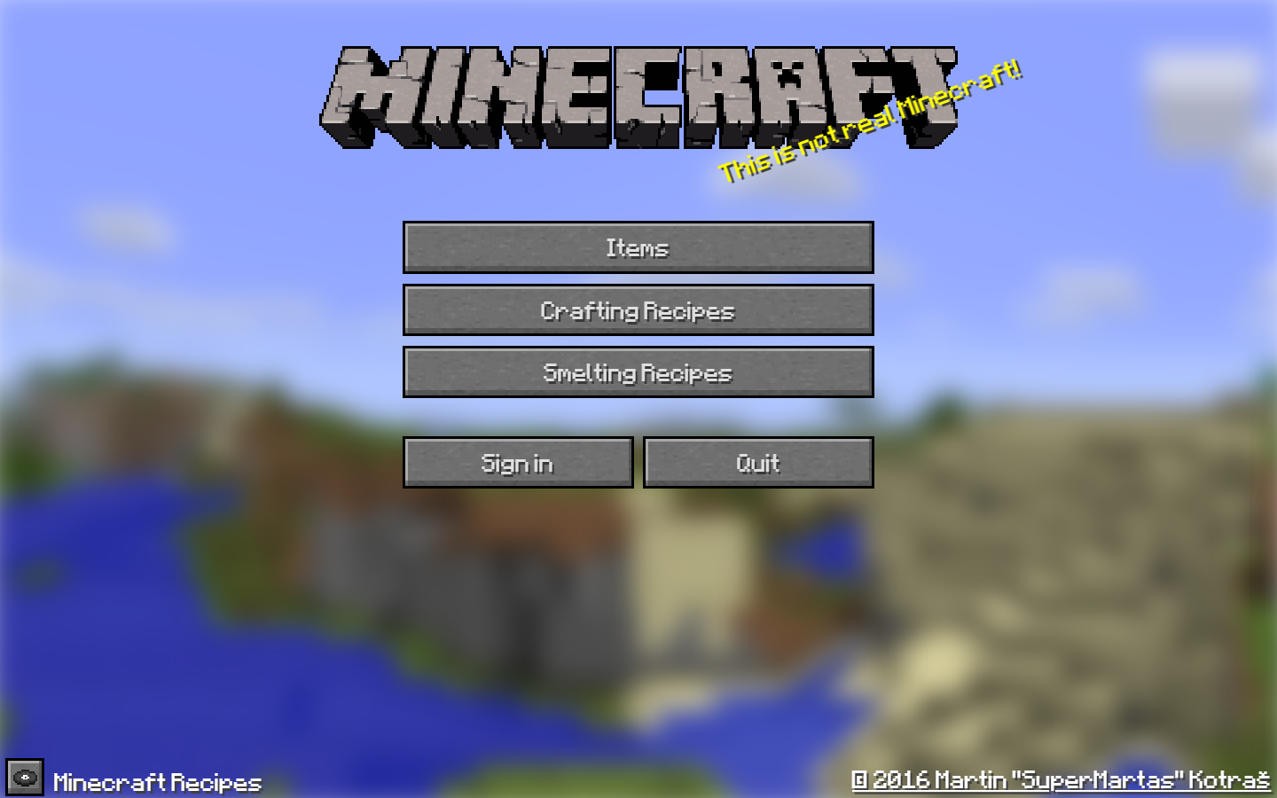 Screenshot úvodní obrazovky Minecraft Recipes