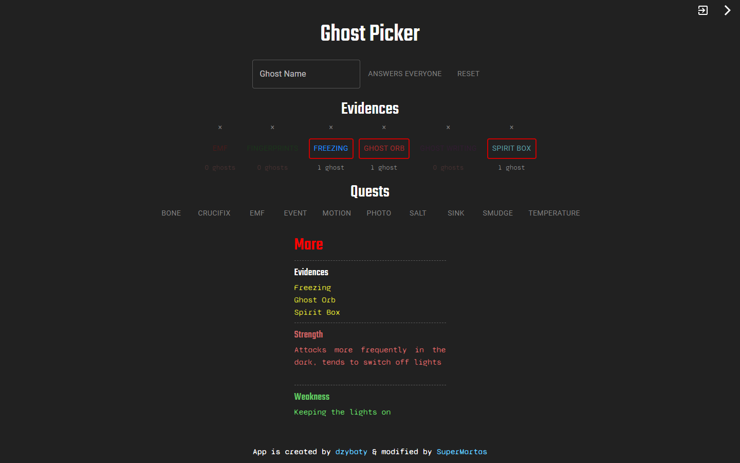 Screenshot aplikace Phasmopicker